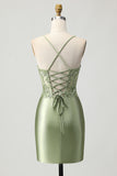 Sage Green Tight Satin Short Appliqued Homecoming Dress with Lace Up Back