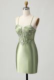 Sage Green Tight Satin Short Appliqued Homecoming Dress with Lace Up Back