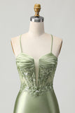 Sage Green Tight Satin Short Appliqued Homecoming Dress with Lace Up Back