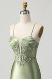 Sage Green Tight Satin Short Appliqued Homecoming Dress with Lace Up Back