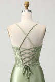 Sage Green Tight Satin Short Appliqued Homecoming Dress with Lace Up Back