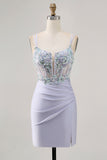 Lavender Corset Sequins Tight Short Homecoming Dress with Slit