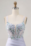 Sparkly Lavender Lace Up Back Corset Beaded Tight Homecoming Dress with Slit