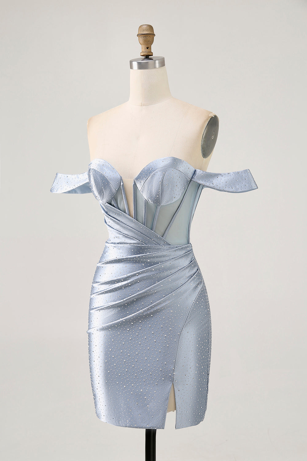 Wedtrend Women Dusty Blue Homecoming Dress with Slit Bodycon Off The Shoulder Corset Beaded Cocktail Dress, Dusty Blue / US12