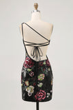 Sparkly Black Flower One Shoulder Backless Bodycon Homecoming Dress with Tassel