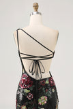 Sparkly Black Flower One Shoulder Backless Bodycon Homecoming Dress with Tassel