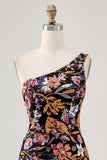 Sparkly Black Flower Bodycon One Shoulder Backless Homecoming Dress with Sequins
