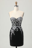 Black Silver Floral Tight Sequins Short Homecoming Dress