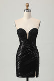 Sparkly Strapless Tight Sequins Short Black Homecoming Dress with Slit