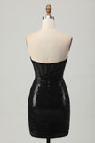 Sparkly Strapless Tight Sequins Short Black Homecoming Dress with Slit