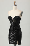 Sparkly Strapless Tight Sequins Short Black Homecoming Dress with Slit
