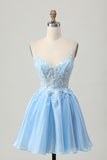 Blue A-Line Sequins Short Homecoming Dress with Lace Up Back