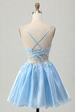 Blue A-Line Sequins Short Homecoming Dress with Lace Up Back