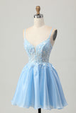 Blue A-Line Sequins Short Homecoming Dress with Lace Up Back