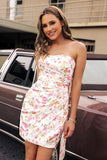 Pink Flower Strapless Bodycon Short Homecoming Dress with Bow