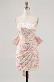 Pink Flower Strapless Bodycon Short Homecoming Dress with Bow