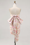 Pink Flower Strapless Bodycon Short Homecoming Dress with Bow