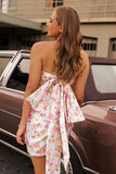 Pink Flower Strapless Bodycon Short Homecoming Dress with Bow