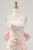 Pink Flower Bodycon Strapless Ruched Short Homecoming Dress with Bow