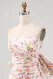 Pink Flower Bodycon Strapless Ruched Short Homecoming Dress with Bow