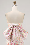 Pink Flower Bodycon Strapless Ruched Short Homecoming Dress with Bow