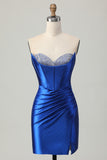 Royal Blue Strapless Bodycon Corset Beaded Short Homecoming Dress