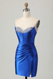 Strapless Royal Blue Bodycon Corset Beaded Short Homecoming Dress