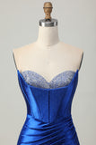 Strapless Royal Blue Bodycon Corset Beaded Short Homecoming Dress