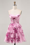 Pink Floral A Line Strapless Tiered Corset Short Homecoming Dress