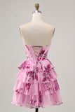 Pink Floral A Line Strapless Tiered Corset Short Homecoming Dress