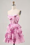 Pink Floral A Line Strapless Tiered Corset Short Homecoming Dress