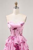 Pink Floral A Line Strapless Tiered Corset Short Homecoming Dress
