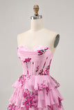 Pink Floral A Line Strapless Tiered Corset Short Homecoming Dress
