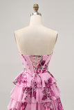 Pink Floral A Line Strapless Tiered Corset Short Homecoming Dress