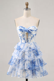 White Blue Flower A Line Strapless Tiered Cut Out Corset Short Homecoming Dress