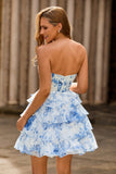 White Blue Flower A Line Strapless Tiered Cut Out Corset Short Homecoming Dress