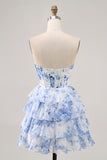 White Blue Flower A Line Strapless Tiered Cut Out Corset Short Homecoming Dress