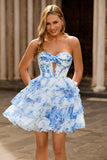 White Blue Flower A Line Strapless Tiered Cut Out Corset Short Homecoming Dress