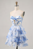 White Blue Flower A Line Strapless Tiered Cut Out Corset Short Homecoming Dress