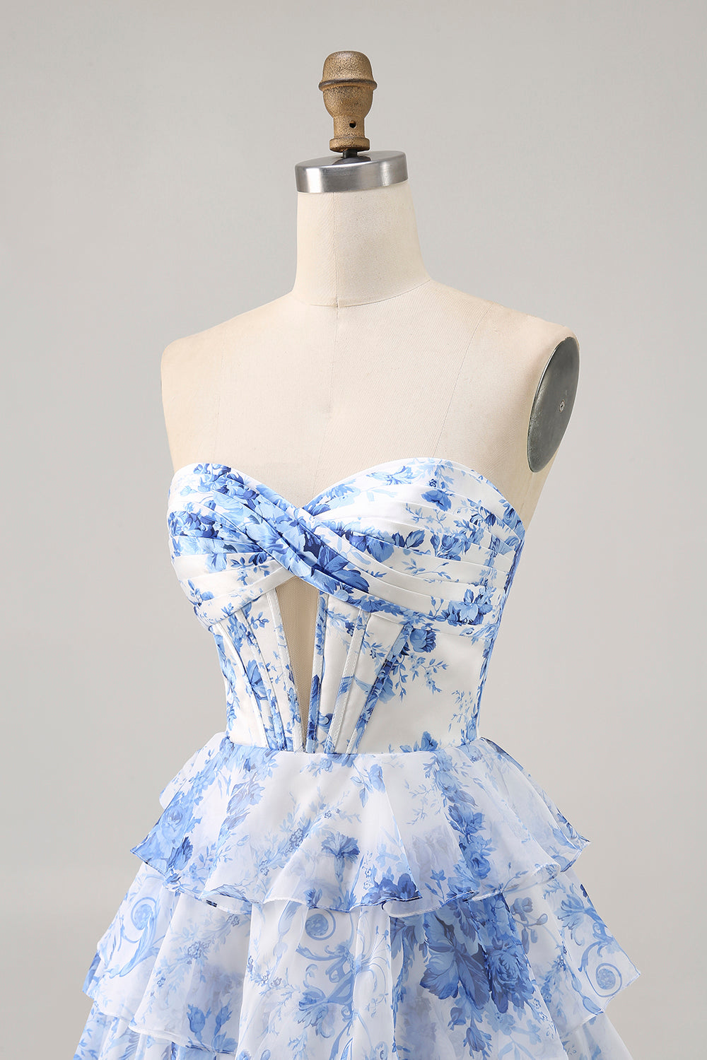 WEDTREND Women White Blue Flower Short Strapless Homecoming Dress A Line Tiered Cut Out Corset Cocktail Dress WEDTREND Women White Blue Flower Short Strapless Homecoming Dress A Line Tiered Cut Out Corset Cocktail Dress