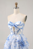 White Blue Flower A Line Strapless Tiered Cut Out Corset Short Homecoming Dress