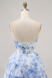 White Blue Flower A Line Strapless Tiered Cut Out Corset Short Homecoming Dress