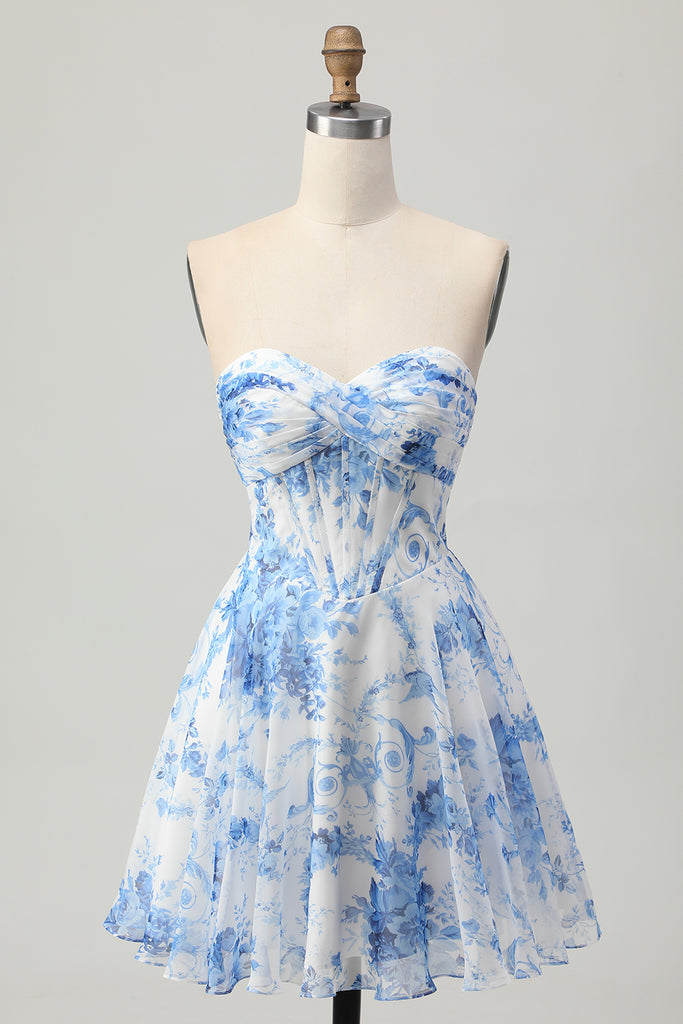WEDTREND Women Printed Strapless Homecoming Dress White Blue Flower