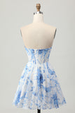 White Blue Flower Strapless Corset A-Line Short Homecoming Dress
