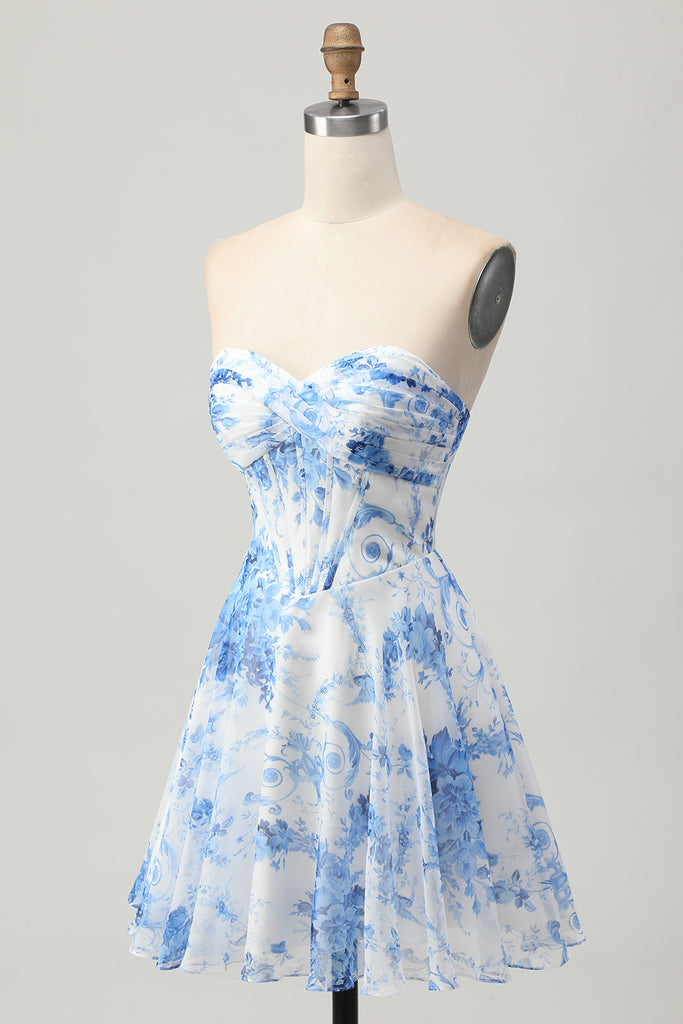 WEDTREND Women Printed Strapless Homecoming Dress White Blue Flower