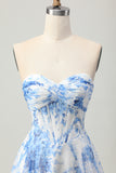White Blue Flower Strapless Corset A-Line Short Homecoming Dress