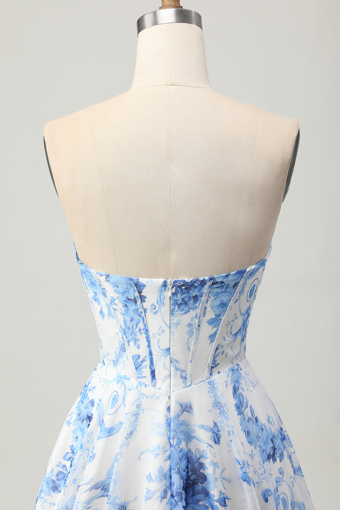Pink Flower A-Line Printed Corset Strapless Homecoming Dress