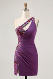 Dark Purple One Shoulder Bodycon Floral Homecoming Dress with Appliques