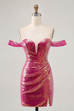 Sparkly Fuchsia Off The Shoulder Bodycon Sequins Homecoming Dress