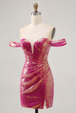 Sparkly Fuchsia Off The Shoulder Bodycon Sequins Homecoming Dress